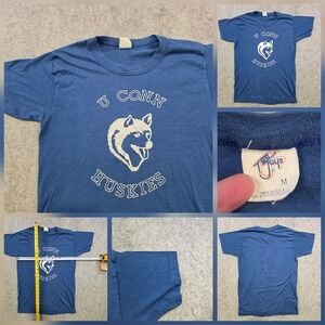 Vintage 80s UConn Huskies T Shirt Mens M Blue NCAA Basketball Tee Jays Made USA